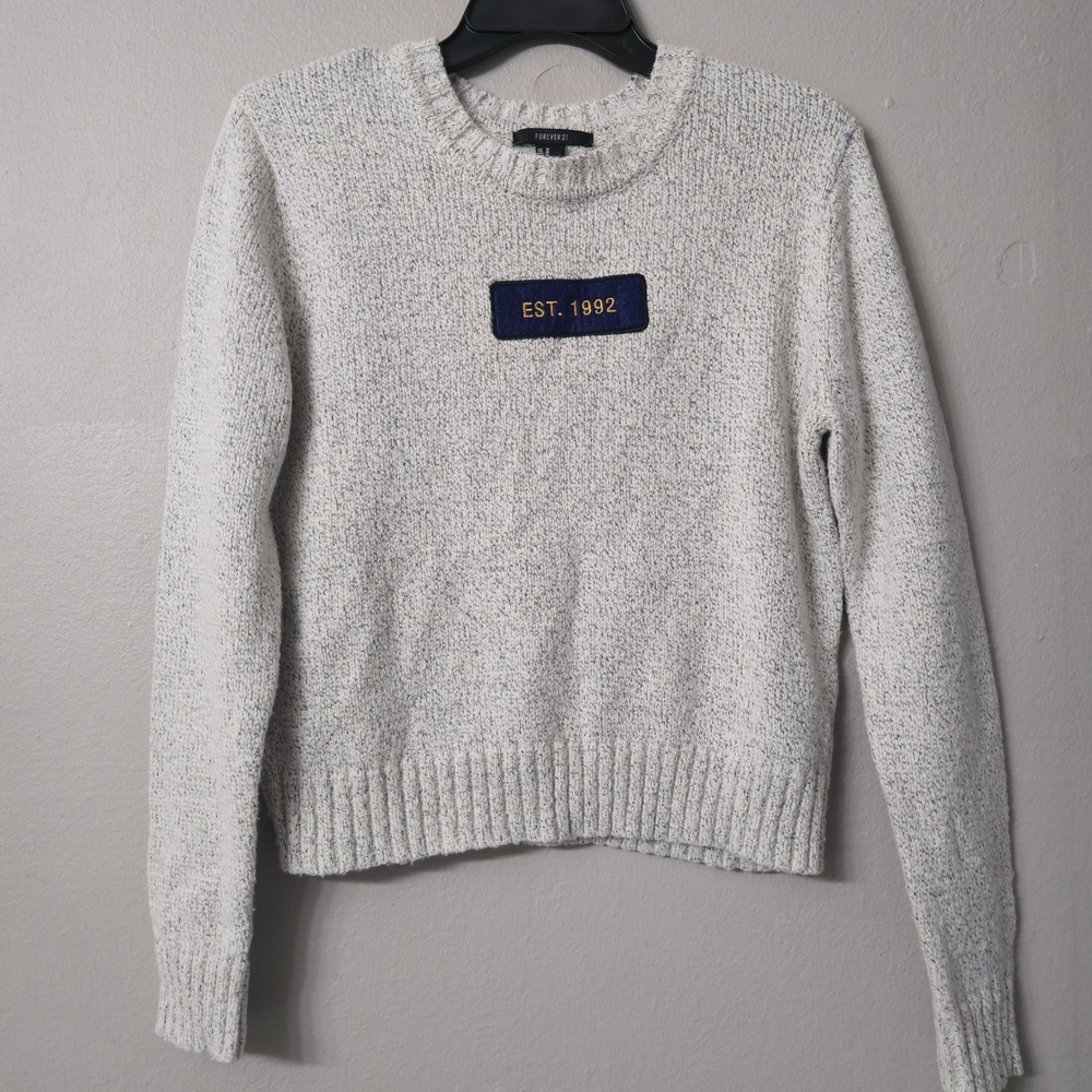 Forever 21 Grey Marled Crew Neck Sweater EST 1992 Patch Medium